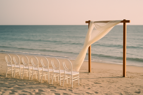 A beach wedding arch at the water's edge