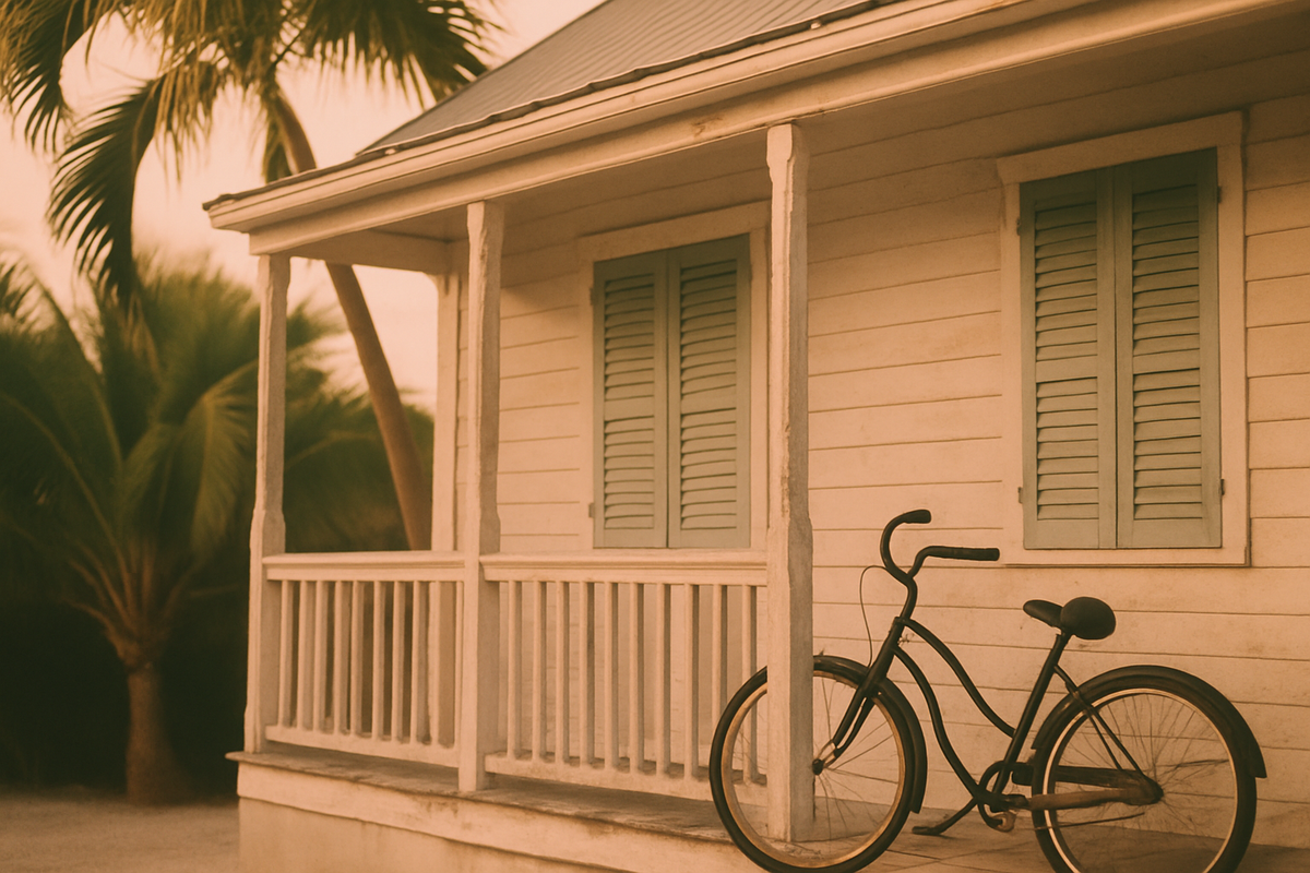 A Key West conch house porch at sunset