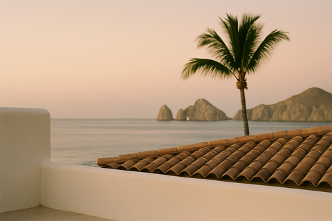 Los Cabos rooftop at dawn with El Arco in soft focus