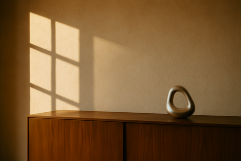 A mid-century interior with a sculptural silver object in window light
