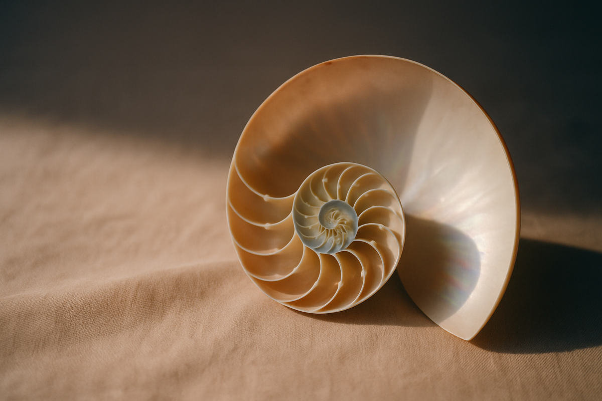 A cut nautilus shell showing its chambered spiral and nacre