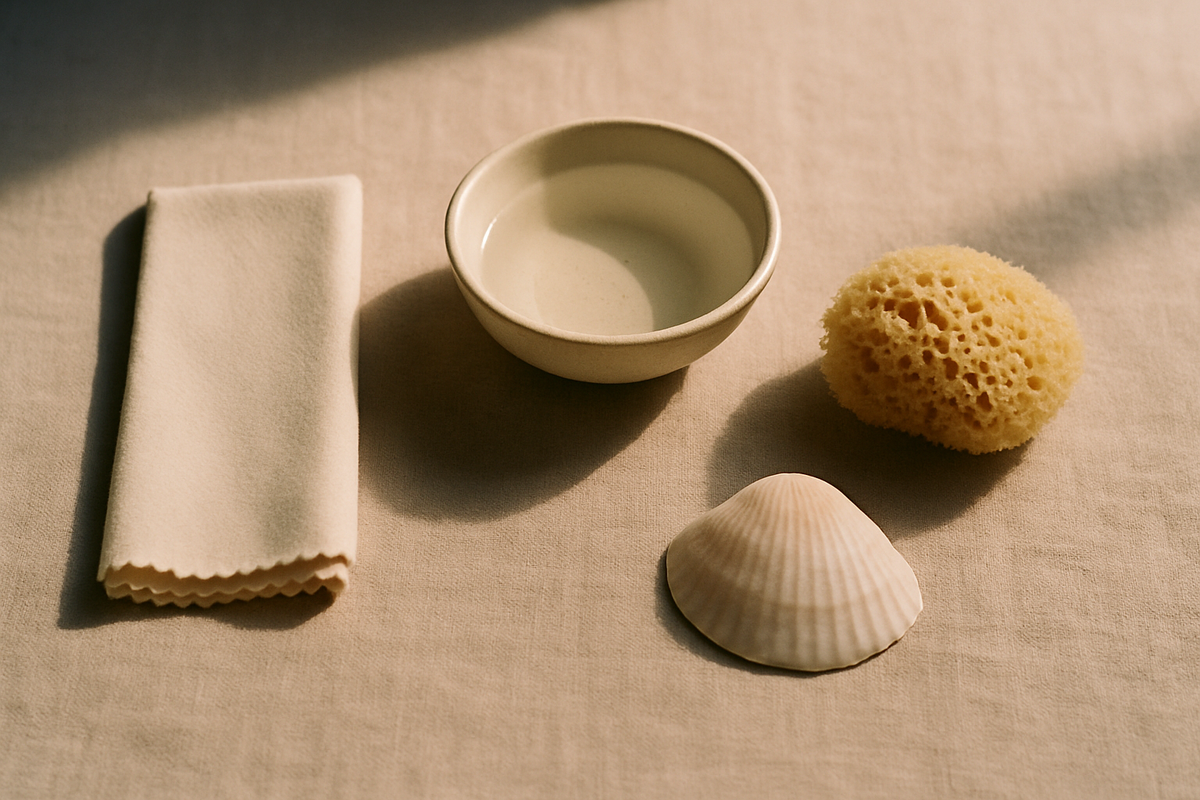 A polishing cloth, water dish and seashell on linen