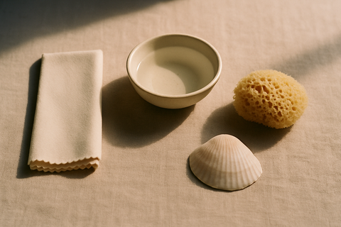 A polishing cloth, water dish and seashell on linen