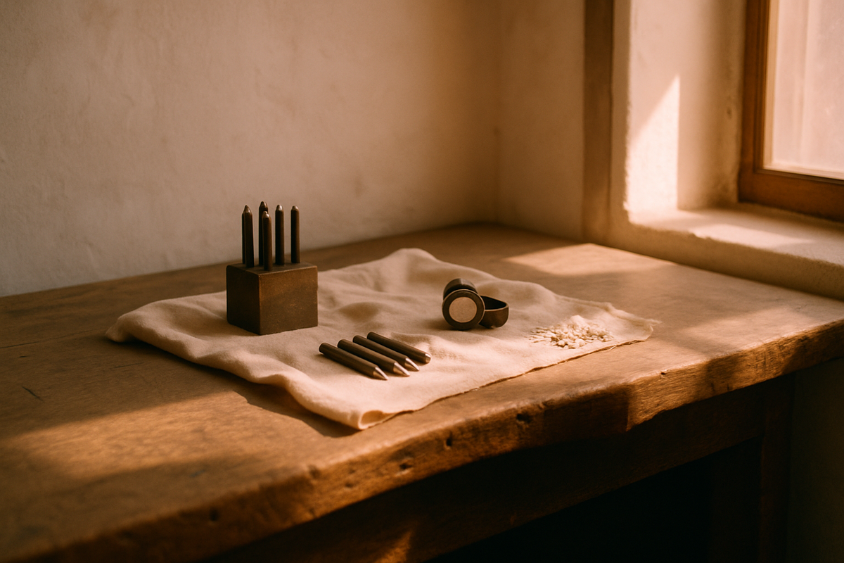 A silversmith's bench in Taxco with hallmark punches and a loupe