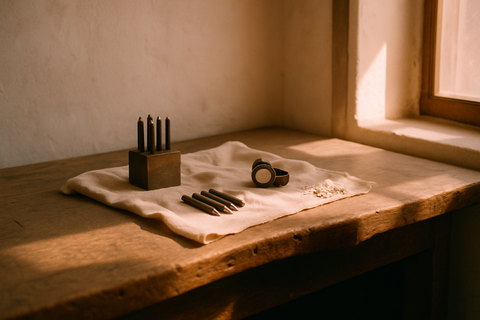 A silversmith's bench in Taxco with hallmark punches and a loupe