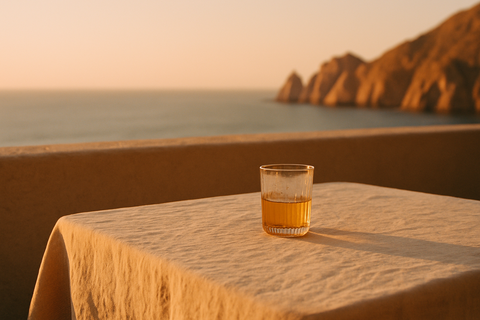 Golden-hour terrace in Los Cabos with linen and mezcal
