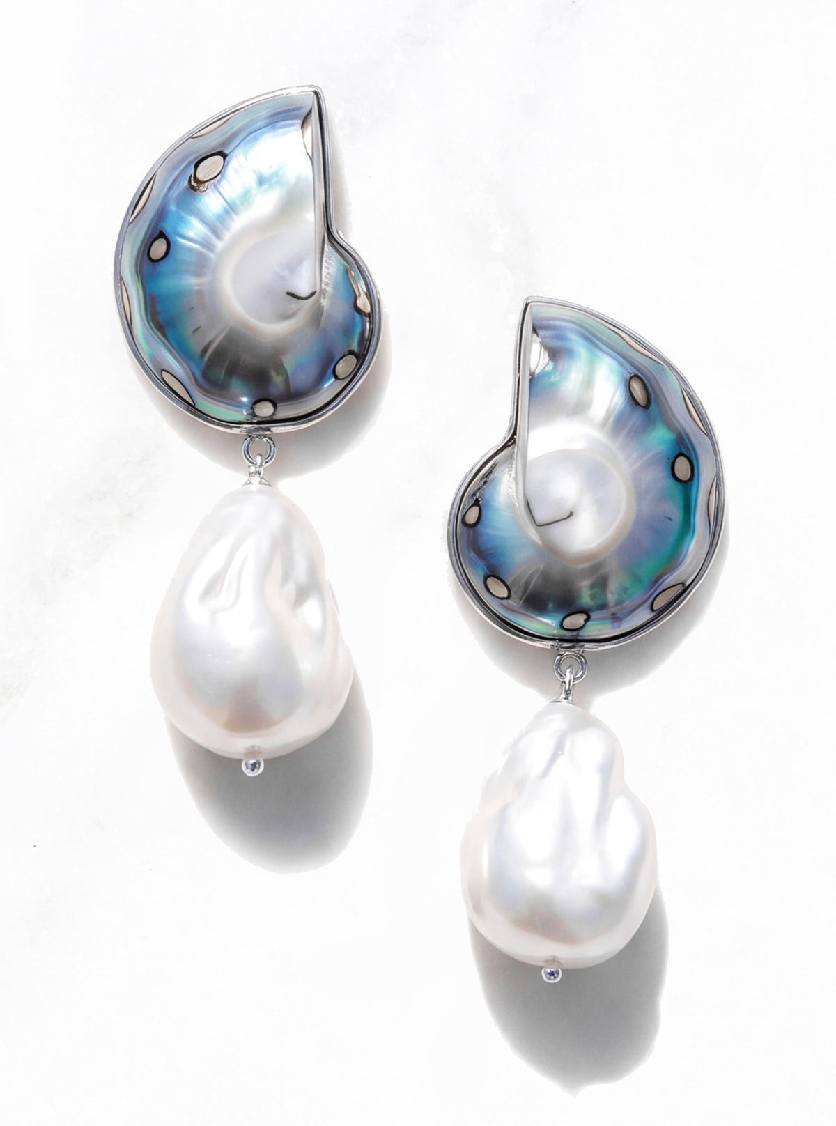 925 Silver Encased Jaguar Nautilus Shell Drop Earrings with spotted iridescent shells and white baroque pearl drops on white | Lily Frank Jewelry