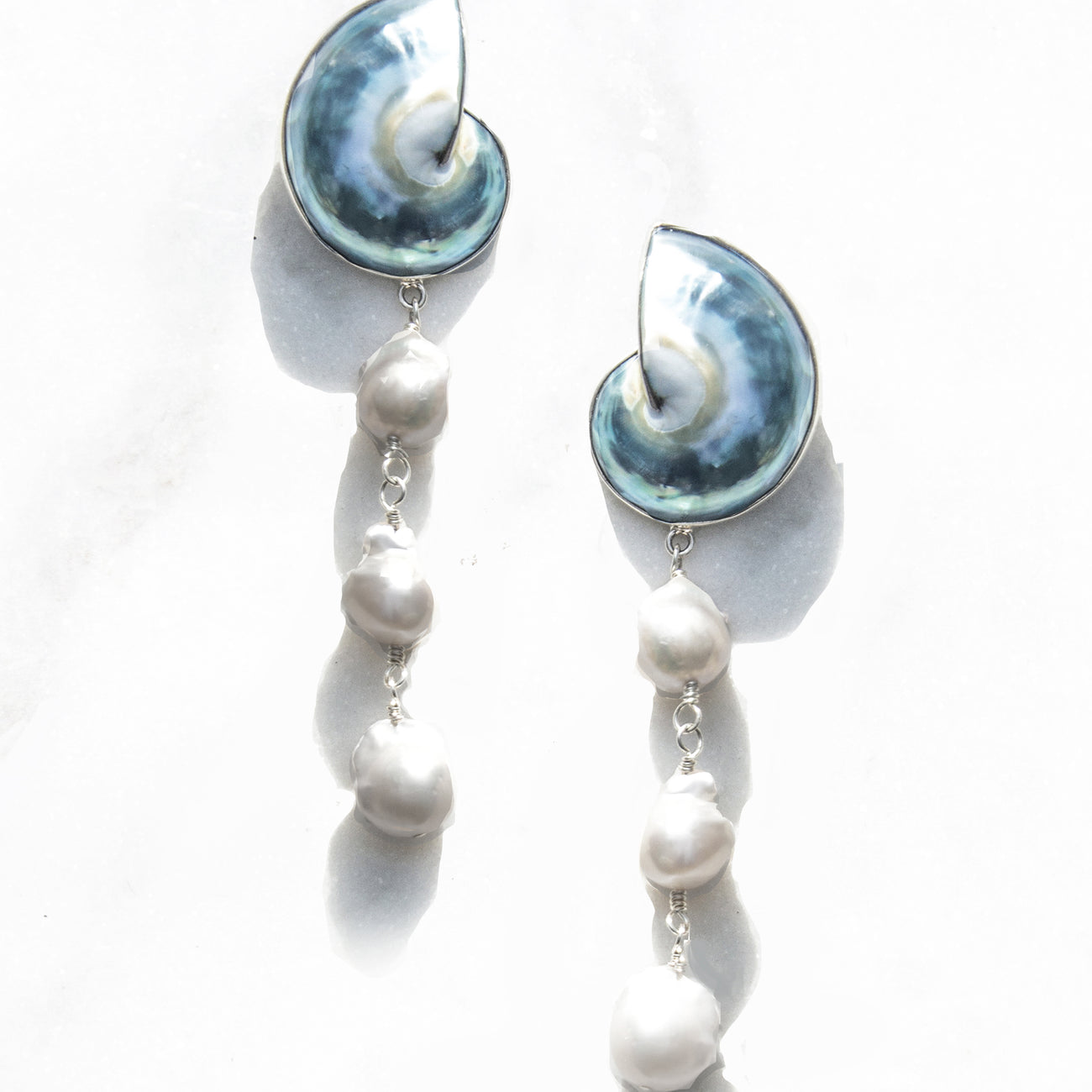 925 Silver Nautilus Shell Drop Earrings with Baroque Pearls