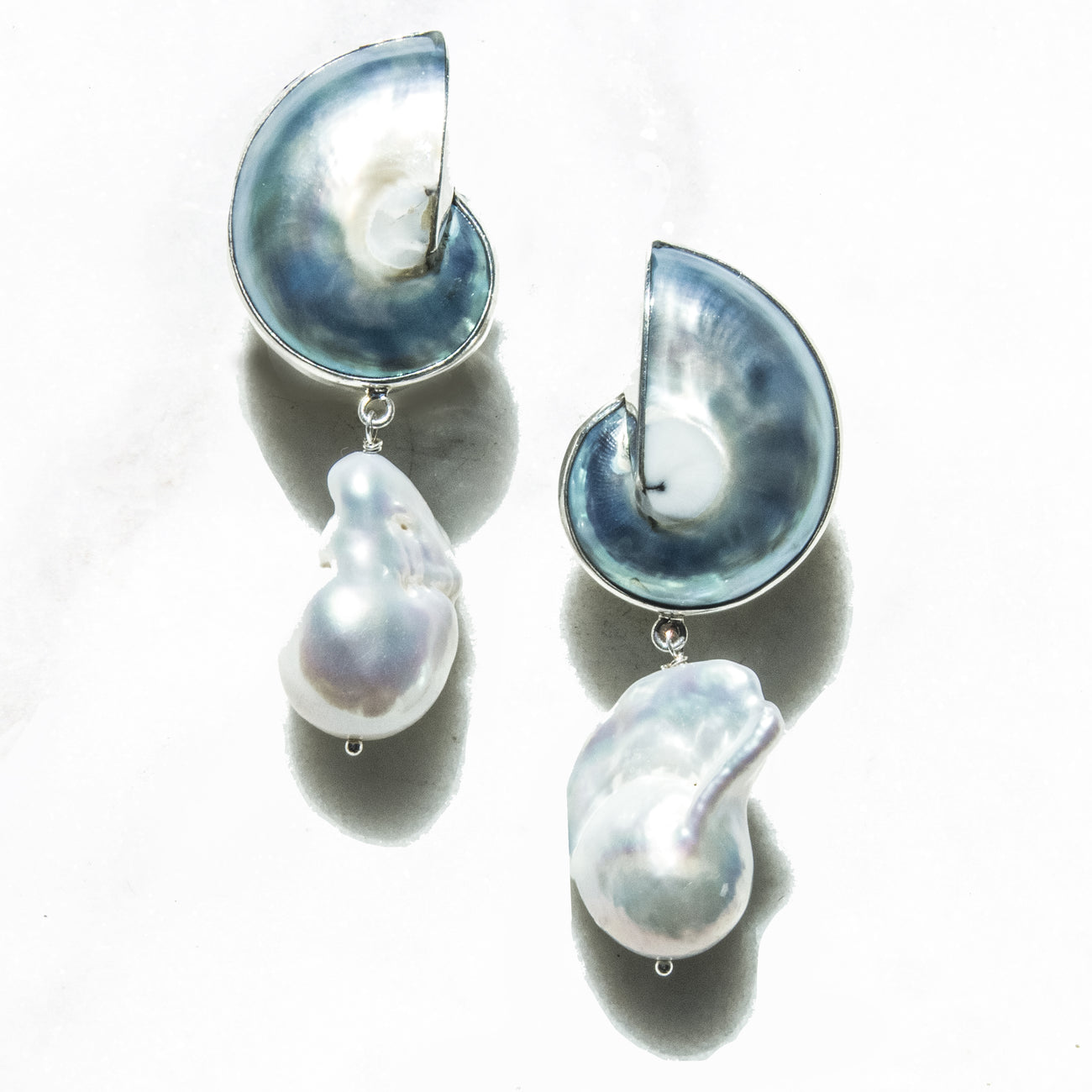 925 Silver Nautilus Shell Drop Earrings with Large Baroque Pearl