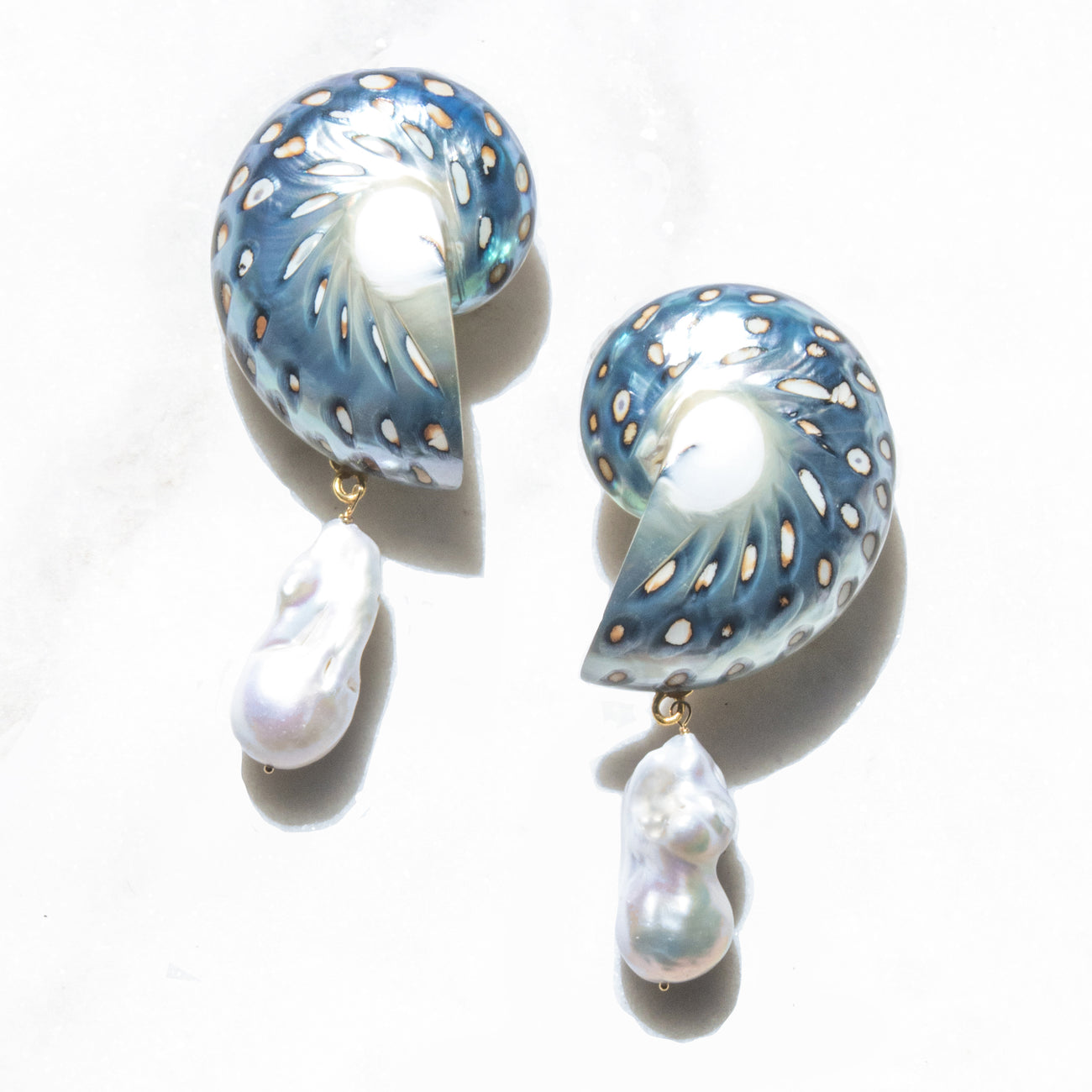 
                      
                        Jaguar Nautilus Shell Drop Earrings with Large Baroque Pearl
                      
                    