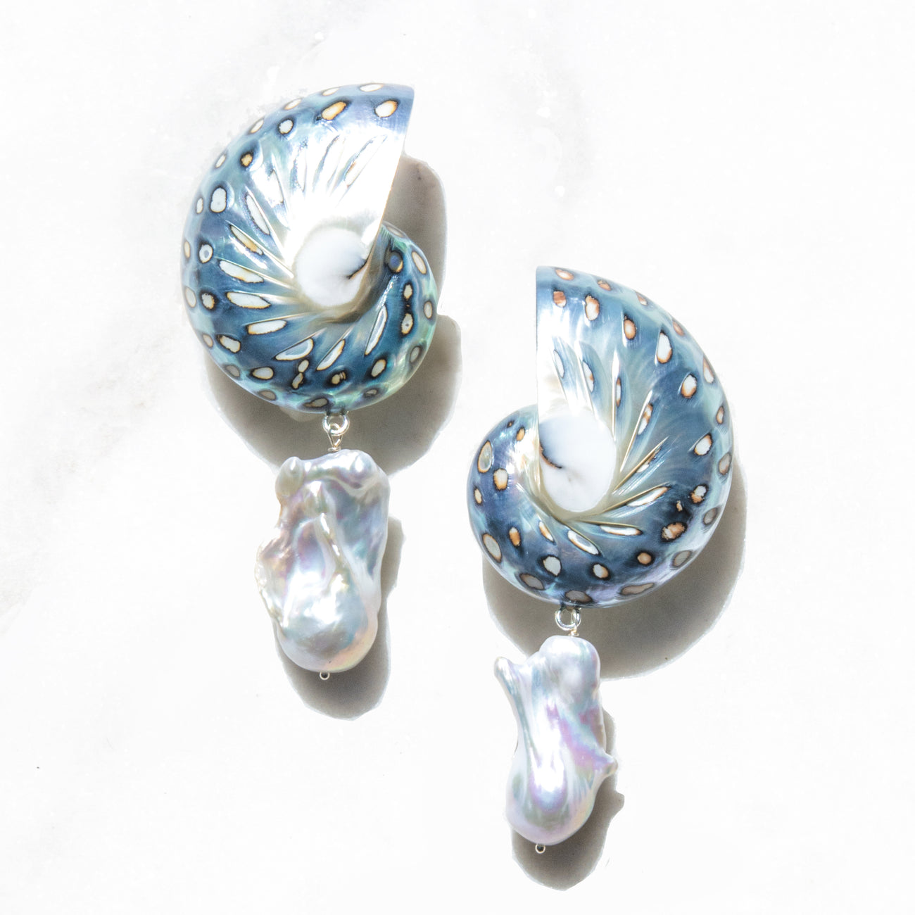 Jaguar Nautilus Shell Drop Earrings with Large Baroque Pearl