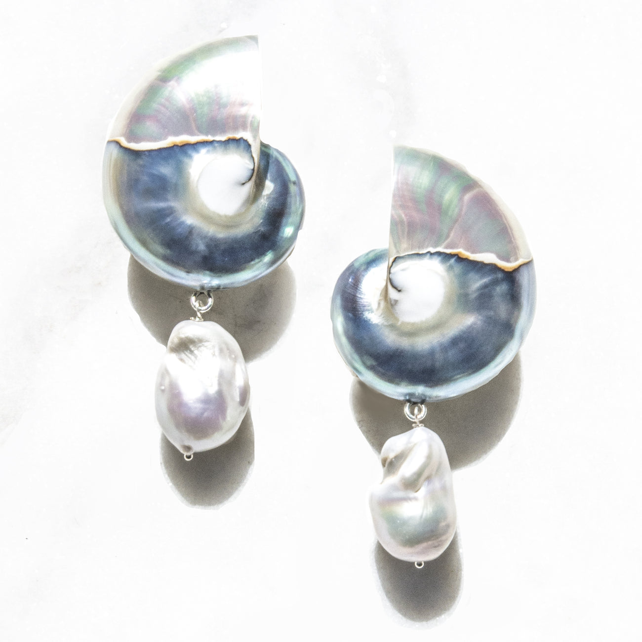 Large Nautilus Shell Drop Earrings with Baroque Pearl