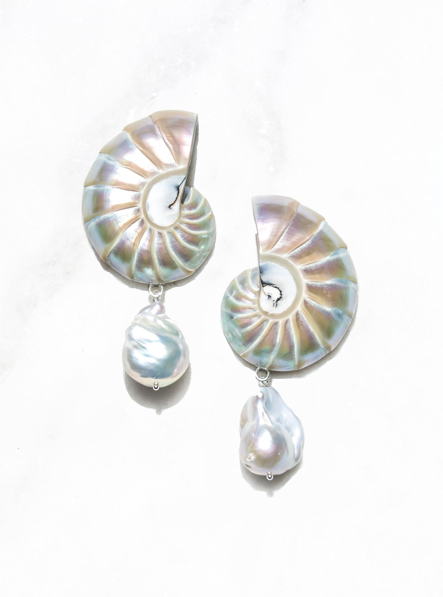 Large Pearl Nautilus Shell Drop Earrings with Baroque Pearl on a white background | Lily Frank Jewelry