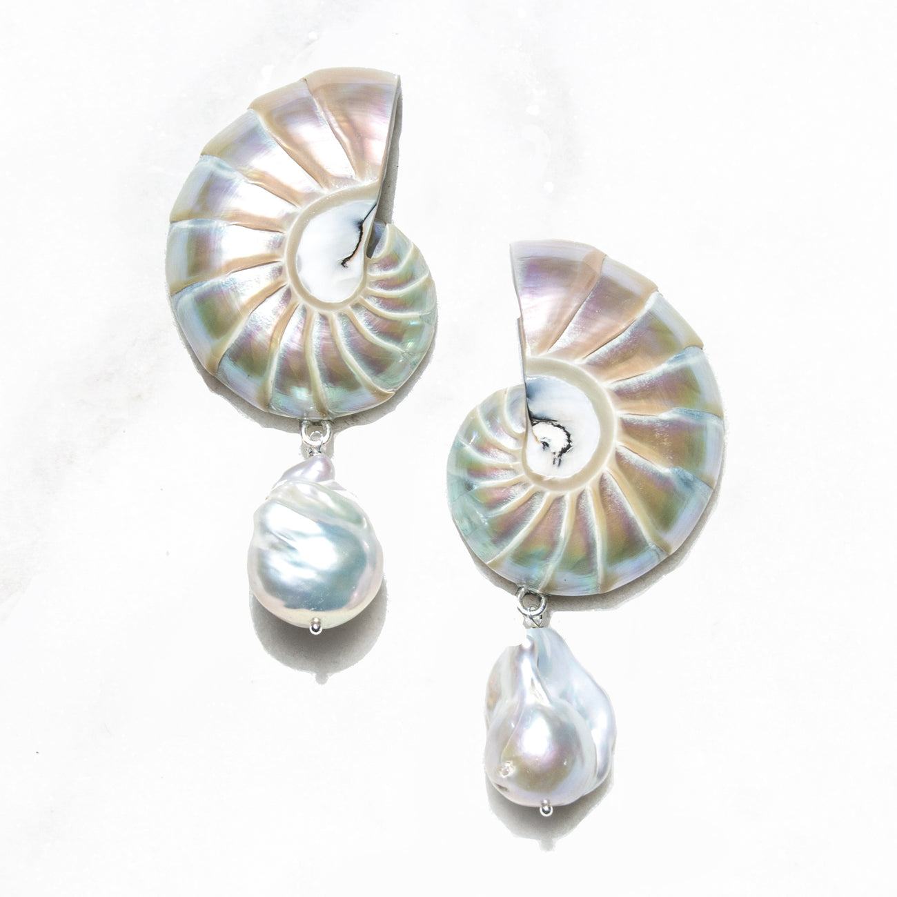 Small Rainbow Nautilus Shell Drop Earrings with Baroque Pearl