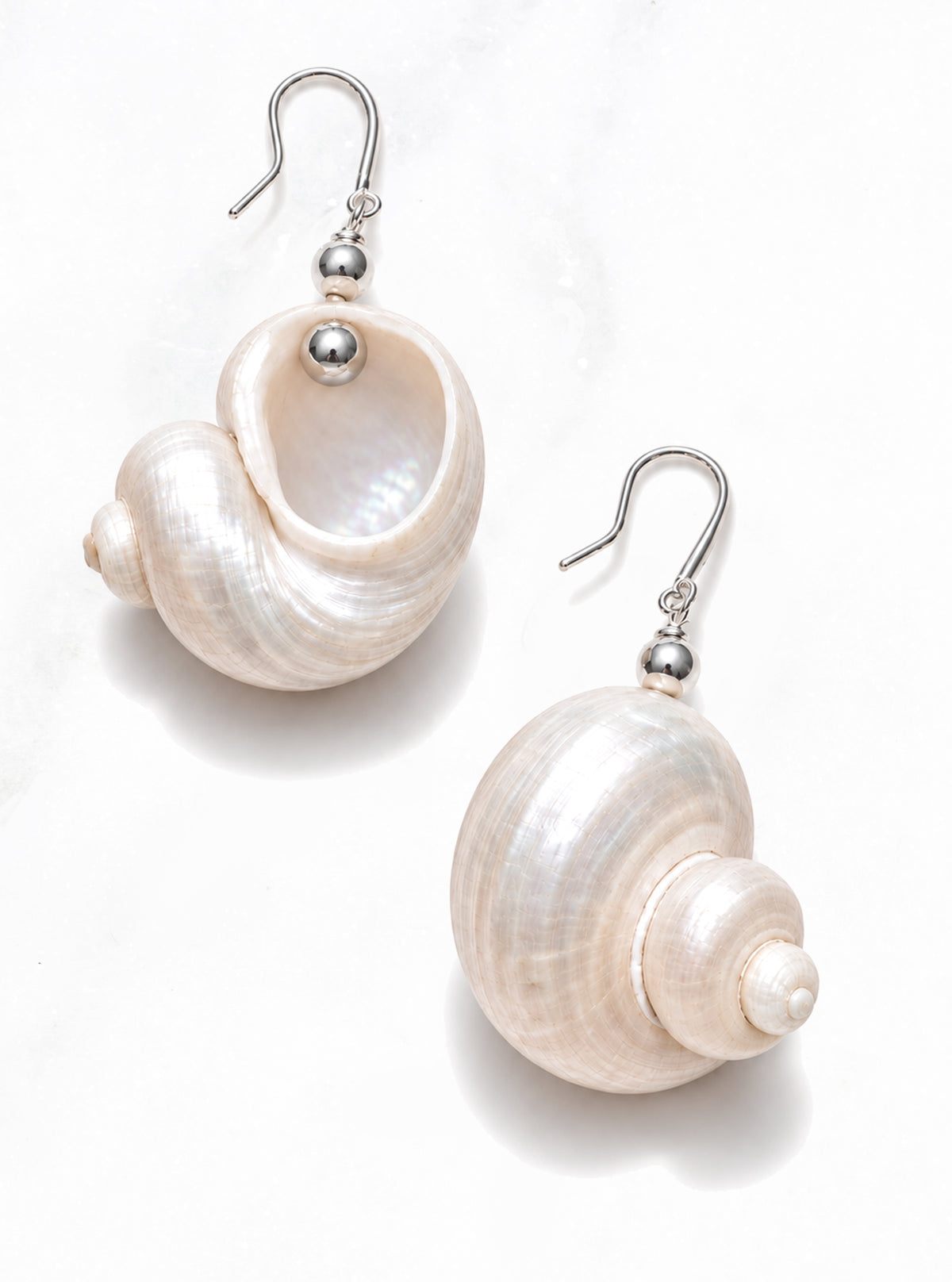 Natural Pearl Turbo Shell Drop Earrings with silver hooks, showing the shell opening and spiral exterior on white | Lily Frank Jewelry