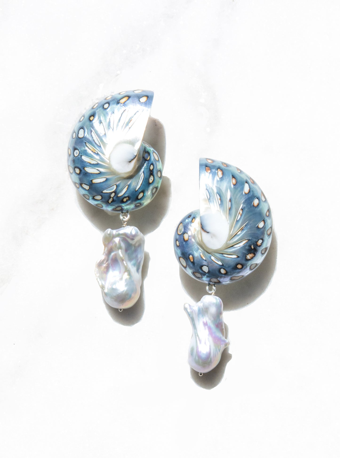 a pair of Large Jaguar Nautilus Shell Drop Earrings on a white backdrop | Lily Frank Jewelry