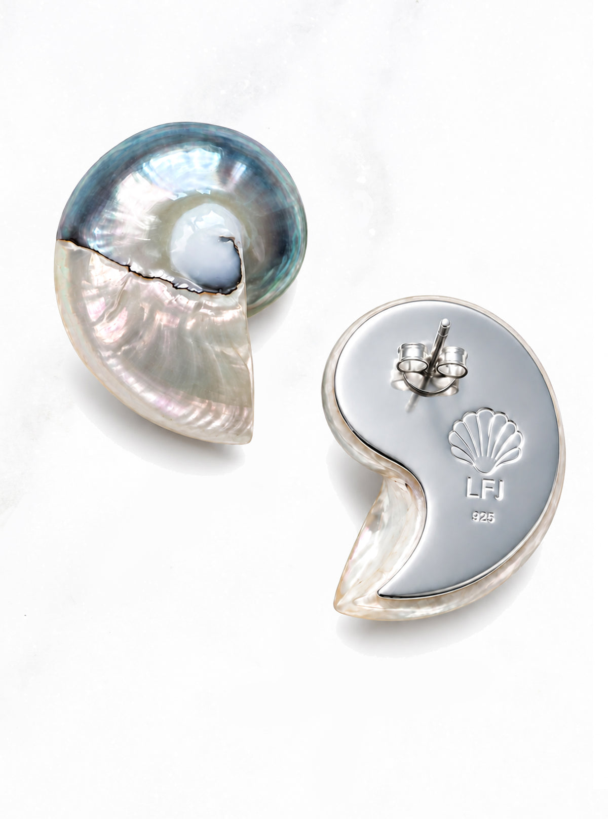 Large Two Toned Nautilus Shell Earrings, front and back views showing the silver backplate and LFJ hallmark | Lily Frank Jewelry