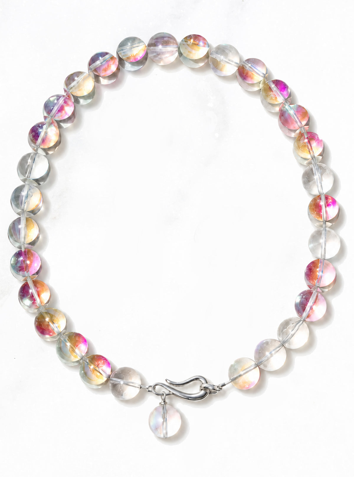 Lindsay Necklace in Aura Quartz Crystal with iridescent round beads, a silver clasp and a bead drop on a white background | Lily Frank Jewelry
