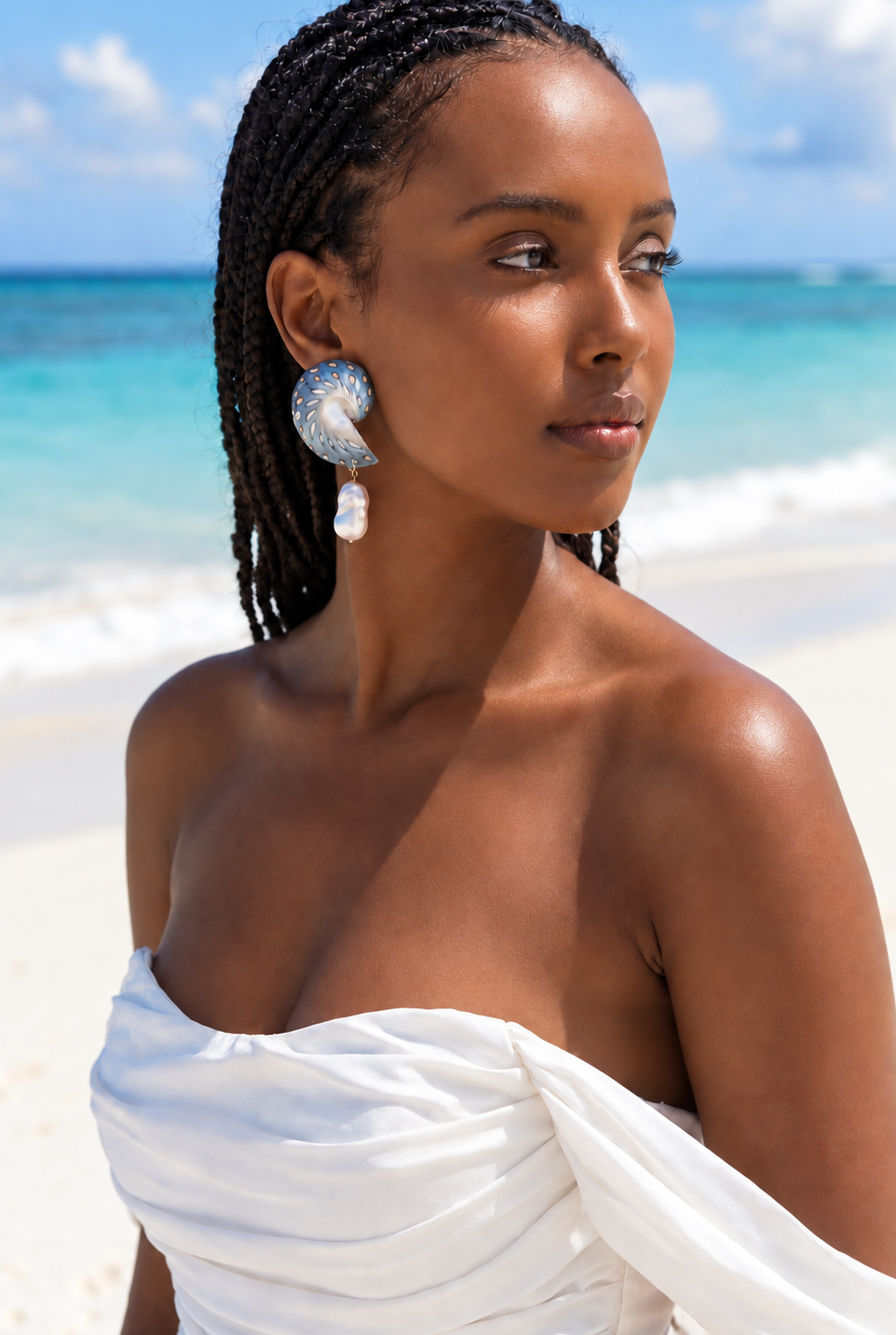 Medium jaguar nautilus shell and baroque pearl drop earring worn with a white off-shoulder dress on the beach.