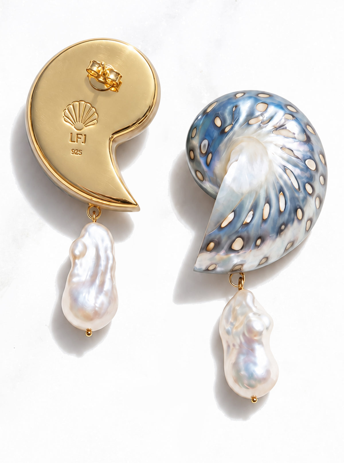 Front and back views of medium jaguar nautilus shell earrings with baroque pearl drops and a gold-tone LFJ-stamped backplate.
