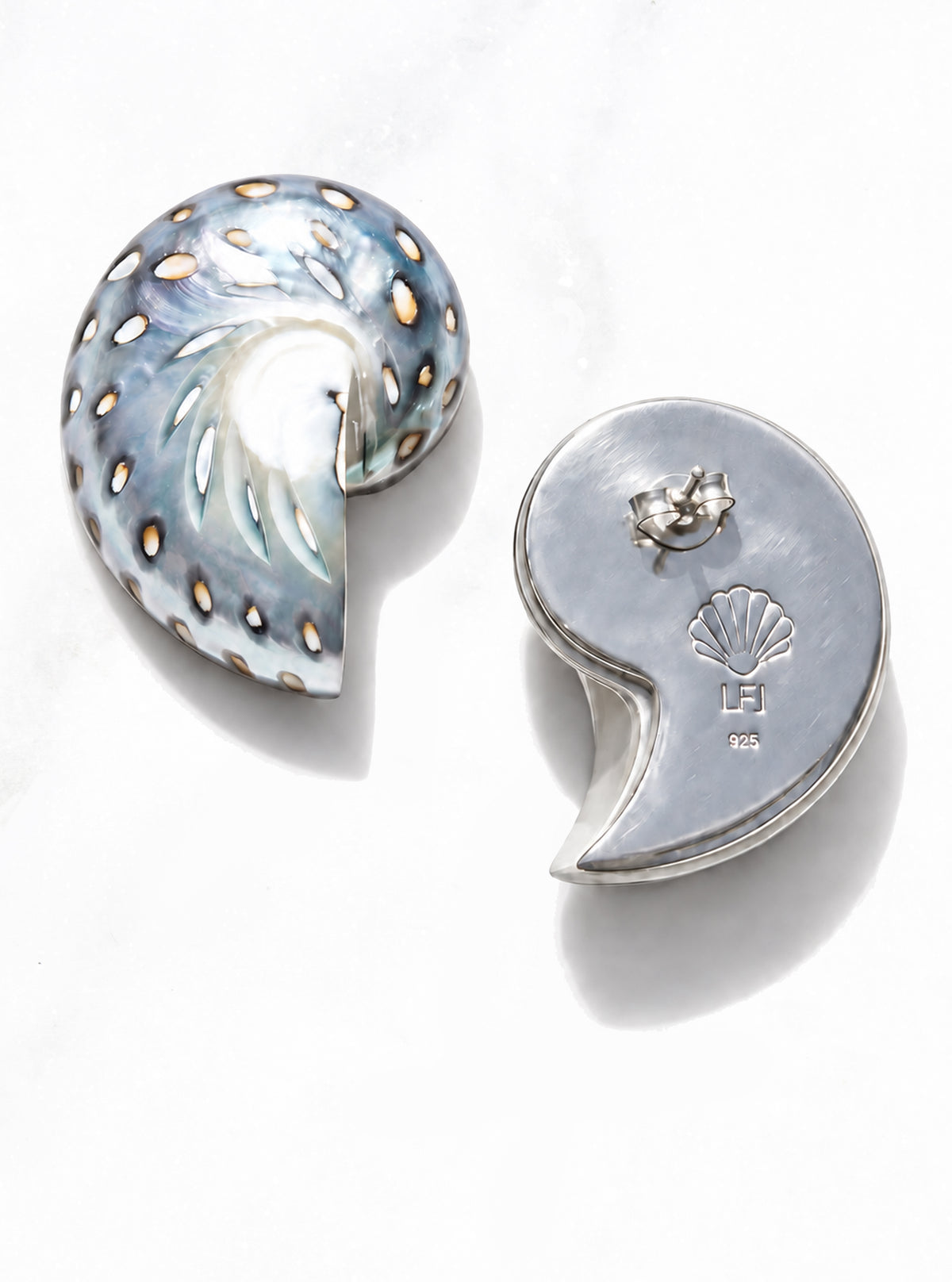 Medium Jaguar Nautilus Shell Earrings showing the spotted shell front and LFJ-hallmarked 925 silver backplate | Lily Frank Jewelry