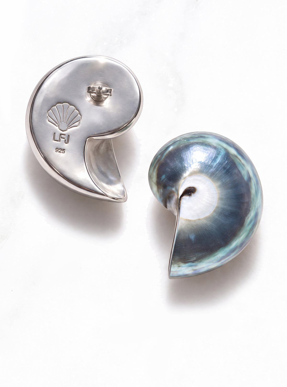 Mini Blue Nautilus Shell Earrings showing a blue shell front and an LFJ 925 hallmarked silver backplate with butterfly backing on white | Lily Frank Jewelry