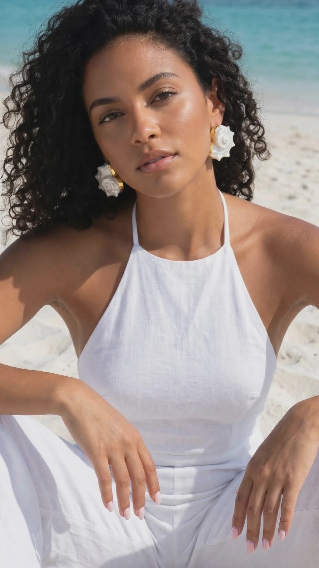 A video of a woman wearing a pair of betsy dolphin shell earrings on a beach | Lily Frank Jewelry 