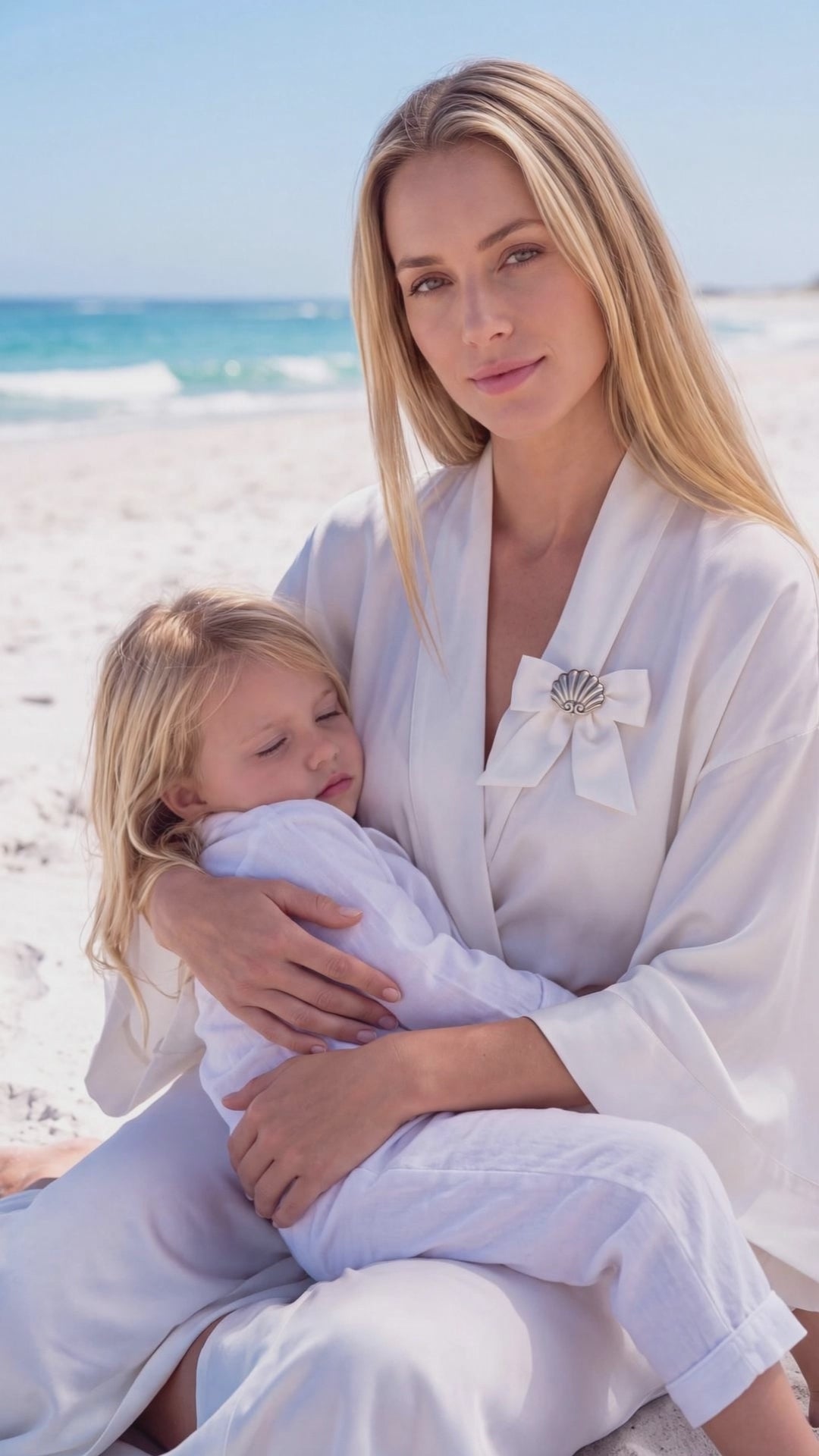 A woman in a white silk robe wearing a vintage Margot de Taxco silver shell brooch pinned to a bow sits ona white sand beach holding her sleeping daughter | Lily Frank Jewelry