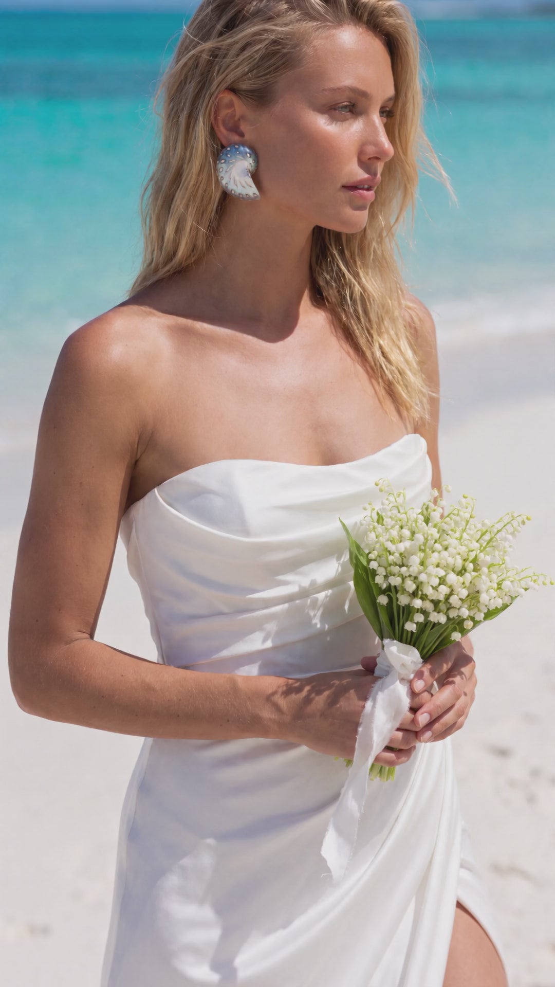 Video of a model wearing Large Jaguar Nautilus Shell Earrings with a white strapless dress and holding a bouquet by the ocean | Lily Frank Jewelry