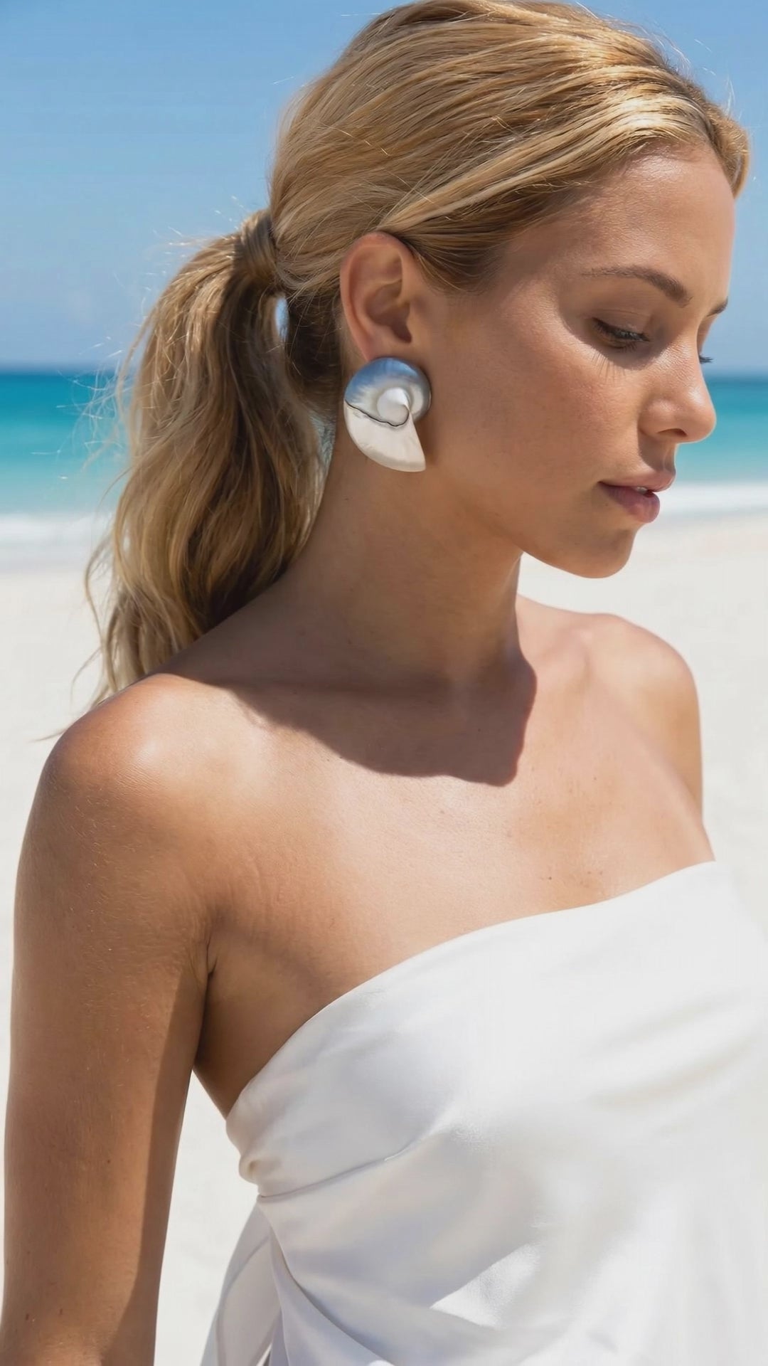 a model in a pair of large two toned nautilus shell earrings on a beach | Lily Frank Jewelry