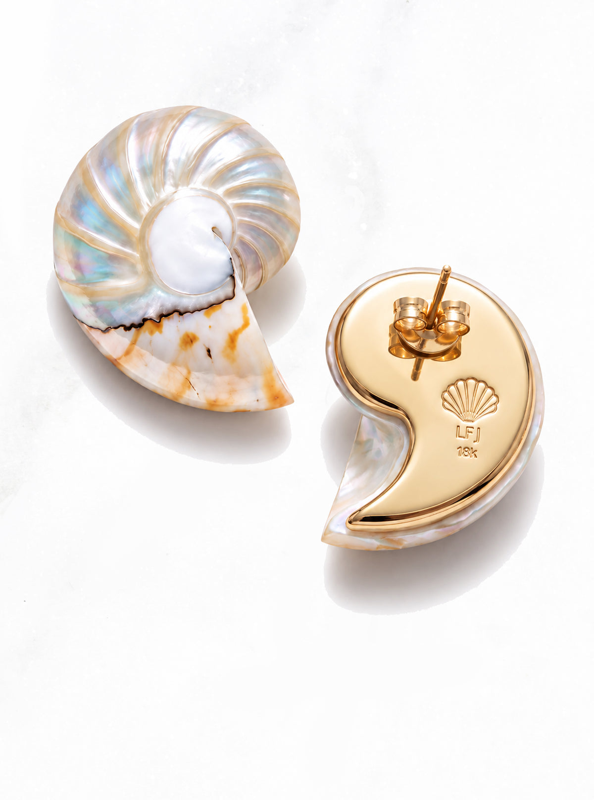 Front and back views of Small Banded Nautilus Shell Earrings on white, showing the pearlescent shell and gold-colored backplate with butterfly backing | Lily Frank Jewelry