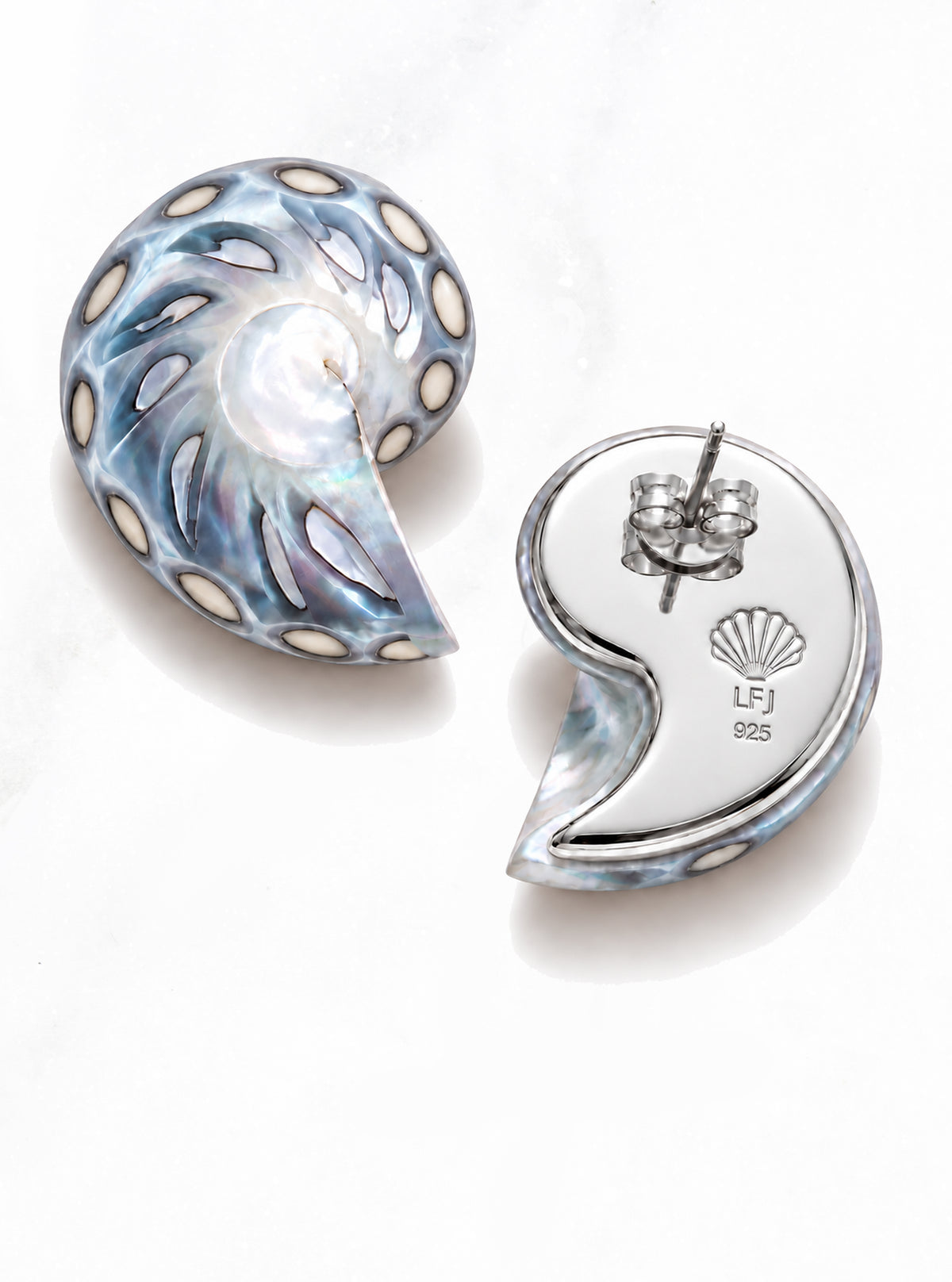 Front and back views of Small Jaguar Nautilus Shell Earrings on white, showing the spotted shell and silver backplate with butterfly backing | Lily Frank Jewelry