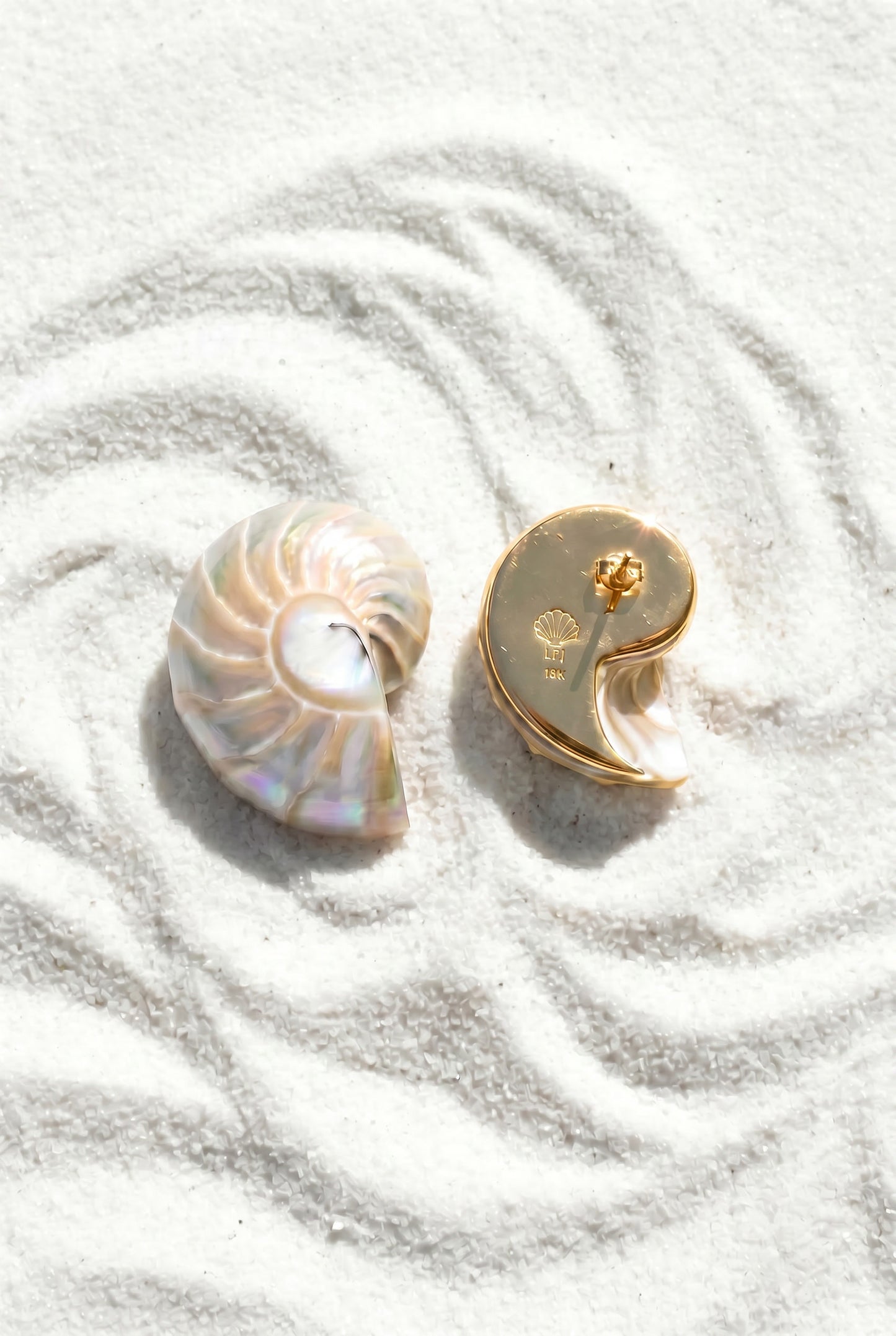 Luminous pearl nautilus shell drop earrings on white sand — Lily Frank Jewelry