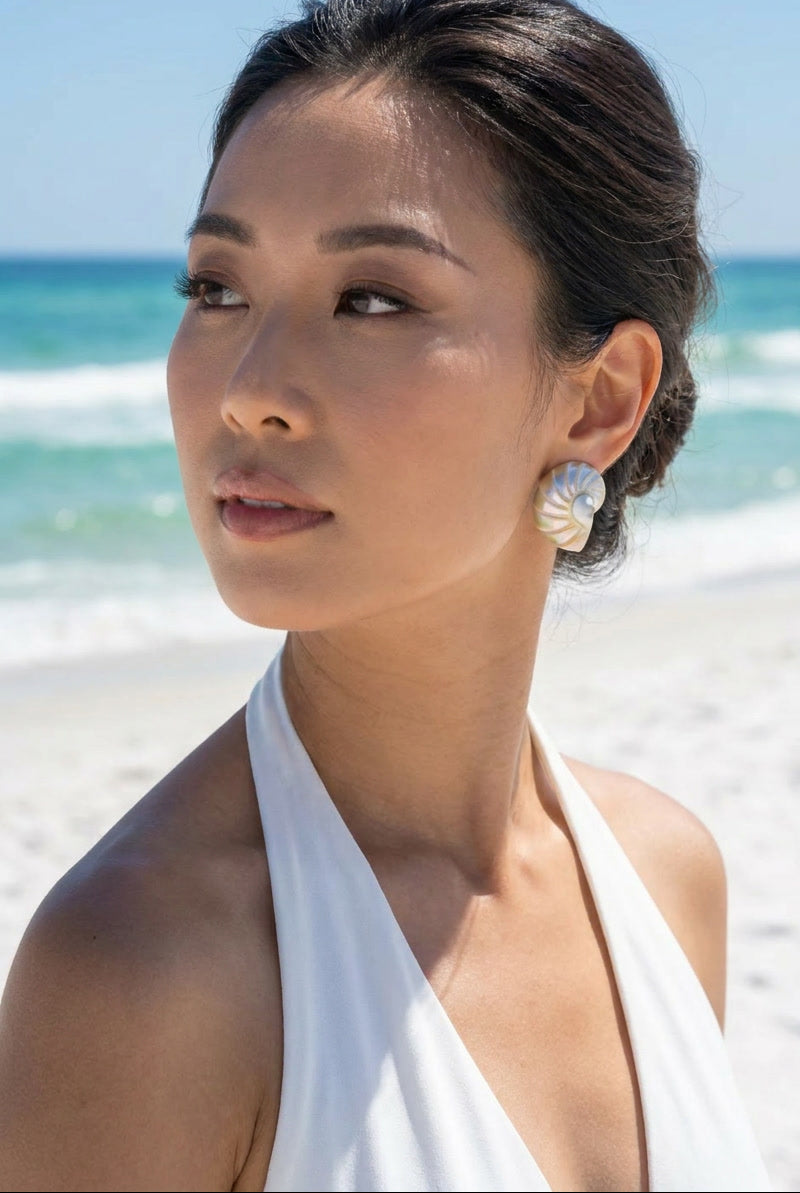 earrings for beach dresses Pearl Nautilus Shell Stud Earrings - Beach Wedding Earrings, 925 Silver Post