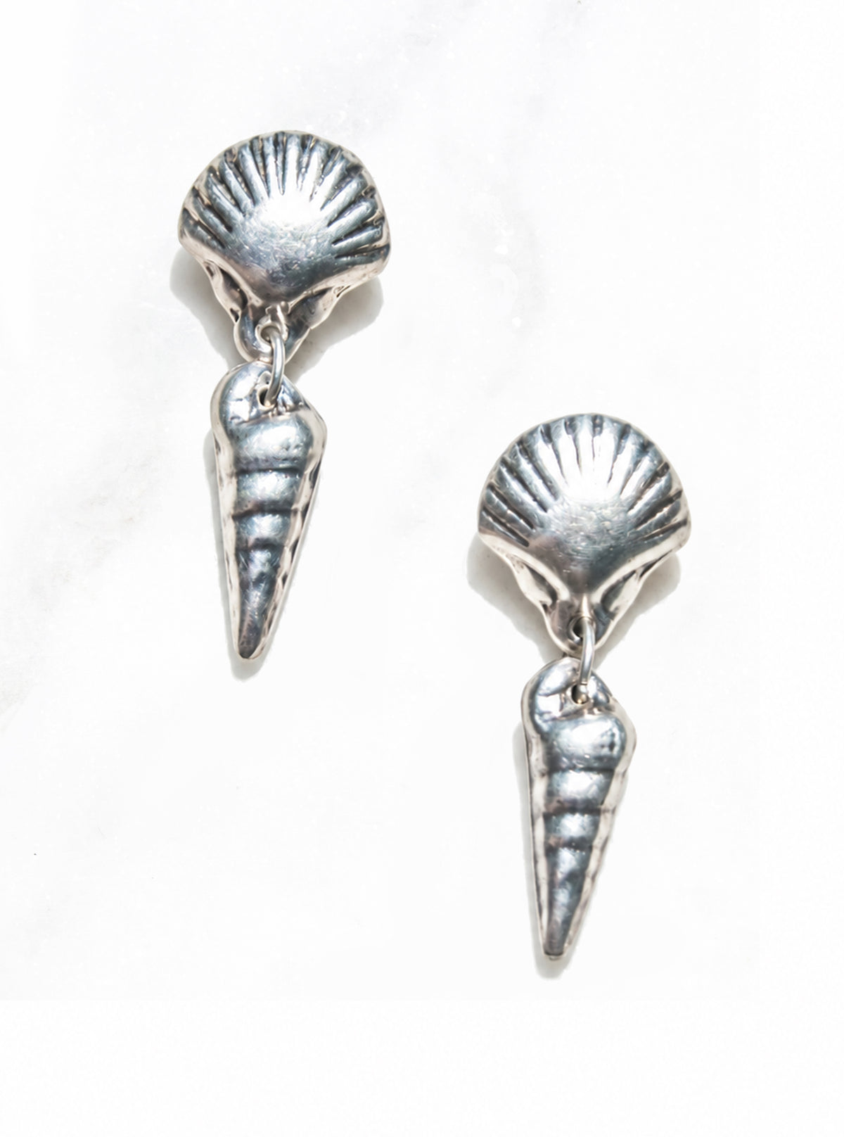 Vintage 925 Silver Double Shell Drop Earrings on a white background, showing scallop shell tops and tapered spiral shell drops | Lily Frank Jewelry
